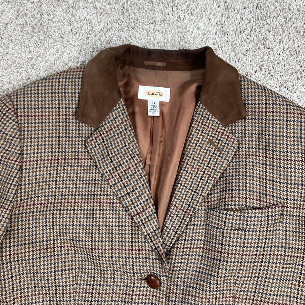 VTG Talbots Riding Blazer Wool Leather Equestrian Heritage Brown Plaid 14 USA - Picture 2 of 13